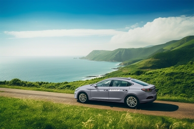 Sedan Car mockup on Coastal Mountain Region with Ocean View