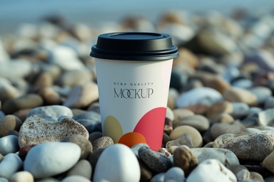 Coffee Cup Mockup on Pebble Stone near Natural River