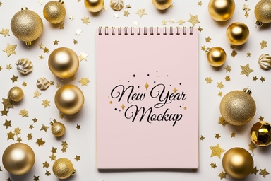 New Year Spiral Notebook Mockup Surrounded by Golden Bauble Decoration