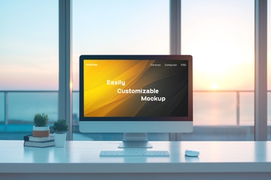 Serene Sunrise iMac Mockup on Desk by Window