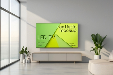 Potted Plant Accompanied by TV Mockup on Living Room Wall