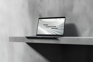 Silver Laptop Screen Mockup on Concrete Shelf