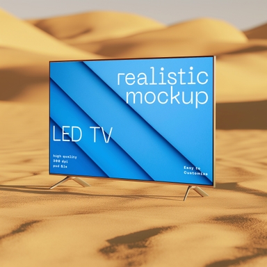 LED Flat-screen TV Mockup on Metal Stand in Desert
