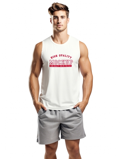 White Gym Boy Wearing Muscle Shirt Mockup