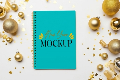 Spiral Notebook Mockup with Christmas Ornaments and Silver Balls