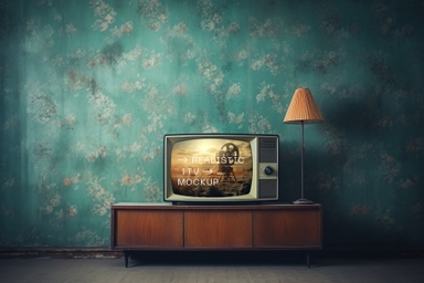 Antique TV PSD Mockup on Wooden Table with Lamp