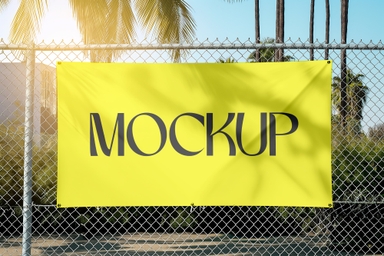 Rectangular Banner Mockup Hanging on Metal Fence