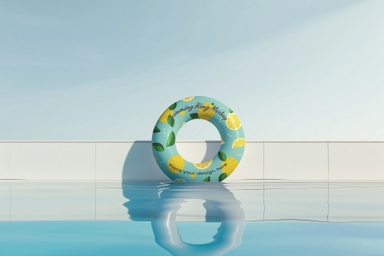 Customizable Floating Tube PSD Mockup Leaning on Pool Wall