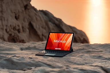 iPad with Keyboard Mockup Resting on Rocky Mountain