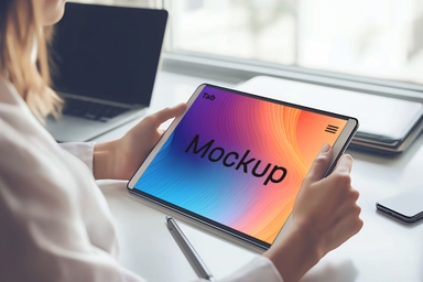 Woman Presents Tablet Display PSD Mockup While Working