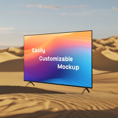 Black LED TV Screen Mockup with Metallic Stand in Desert