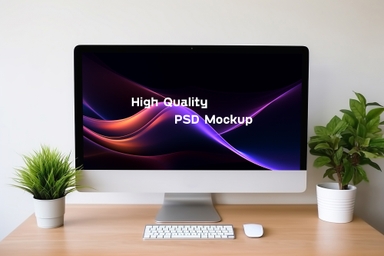 iMac Mockup on Wooden Desk with Plant Pot