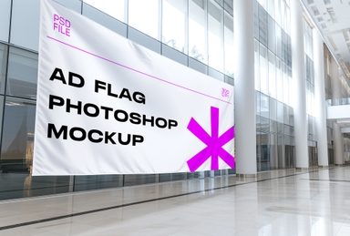 Flag Banner Mockup Hanging in Hall with Ceiling