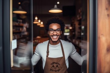 American African Man Wearing Apron Mockup Standing at Door