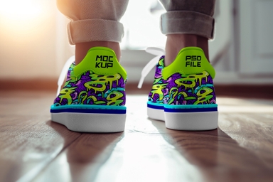 Young Boy Presents Sneaker Mockup on Wooden Floor