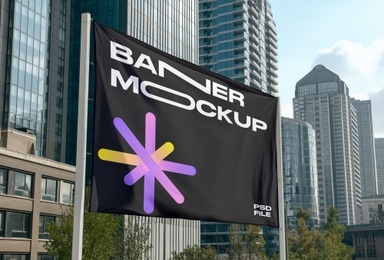 Horizontal Banner Mockup Attached with Two Poles Next to Company Premises