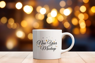 New Year Coffee Mug Mockup on Wood Surface