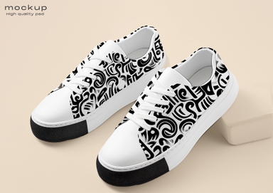 Customizable Sneaker Mockup Placed on Piece of Stone