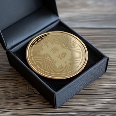 Bitcoin Mockup in Velvet-Lined Box on Wooden Table