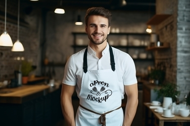 Man Chef Wearing Apron Mockup in Kitchen
