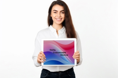 Happy American Woman Holding Tablet Screen Mockup