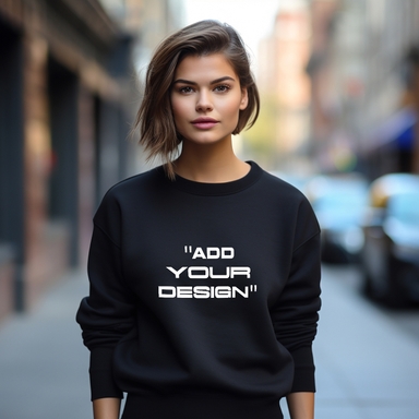 Woman Standing on Sidewalk Wearing Sweatshirt Mockup