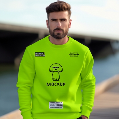 Smart Looking American Men Sweatshirt Mockup Blurred Backdrop