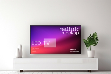 Flat LED Screen Mockup on White Stand with Potted Plant