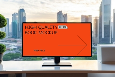 Computer Mockup on Desk with Window View