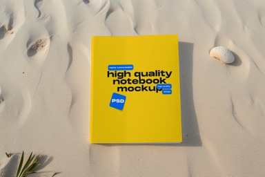 Notebook PSD Mockup on Sandy Beach