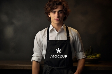 Young Man with Long Hair Wearing Apron Mockup