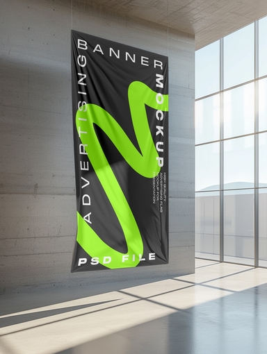 Skyscraper Banner Mockup Hanging on a Wall