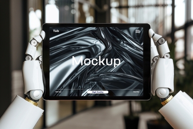 Realistic Robot Holding Tablet PSD Mockup