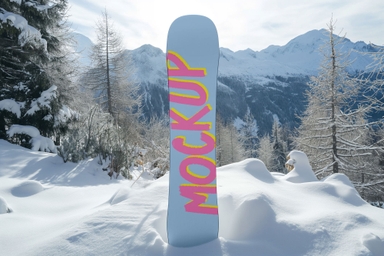 Snowboard Mockup is Sitting on Fresh Snow