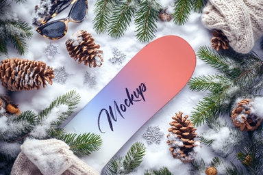 Snowboard Mockup Christmas Ornaments Adorned Snow Scene