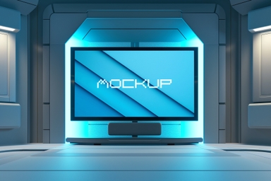 Rectangular TV Screen Mockup in Futuristic Room