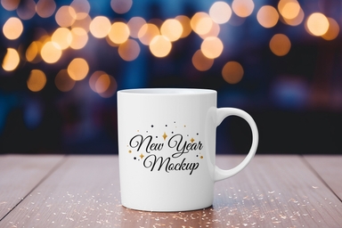 New Year Mug Mockup on Wooden Surface