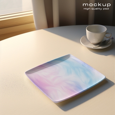 Square Tray Mockup with Cup Placed on Table