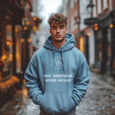 Man standing in Street Wearing Oversized Hoodie Mockup