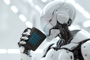 Humanoid Robot Holding Coffee Mug Mockup in Hand