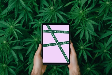 iPad Mockup Showcasing CBD Oil Branding in a Cannabis Field