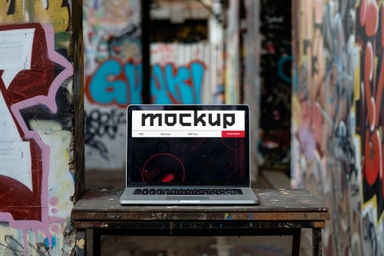 MacBook Pro Mockup in Front of Graffiti Wall