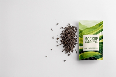 Green Tea Packaging Pouch Mockup with Loose Leaves