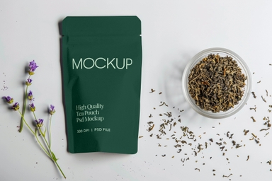 Tea Ziplock Pouch Mock-up with Bowl of Loose Tea Leaves