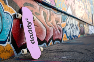 Skateboard Mockup Standing Against Mural-covered Wall