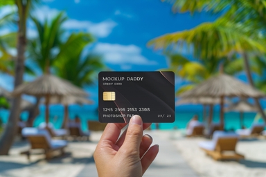 Hand Showing Credit Card Mockup on Beach