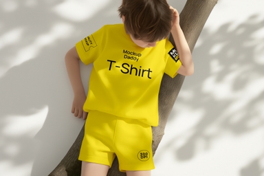 Young Child Leaning Against Tree Wearing T-shirt and Shorts Mockup