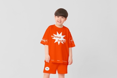 Korean Boy Posing in Baggy-fit Tee and Short Mockup