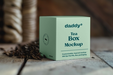Cube-shaped Tea Box Mock-up with Loose Leaves