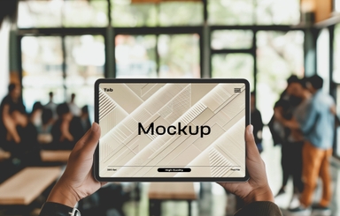 Hand Holding Horizontal iPad Mockup in Cafeteria
